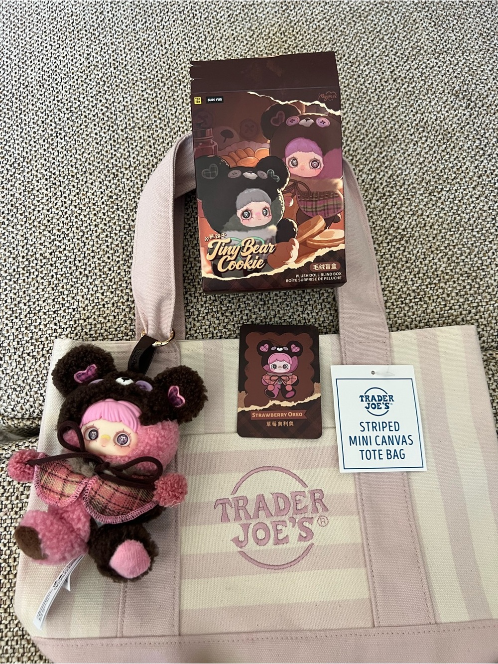 Trader Joe's Striped Mini Canvas Tote Bag - with Maymei bear - Picture 4 of 5